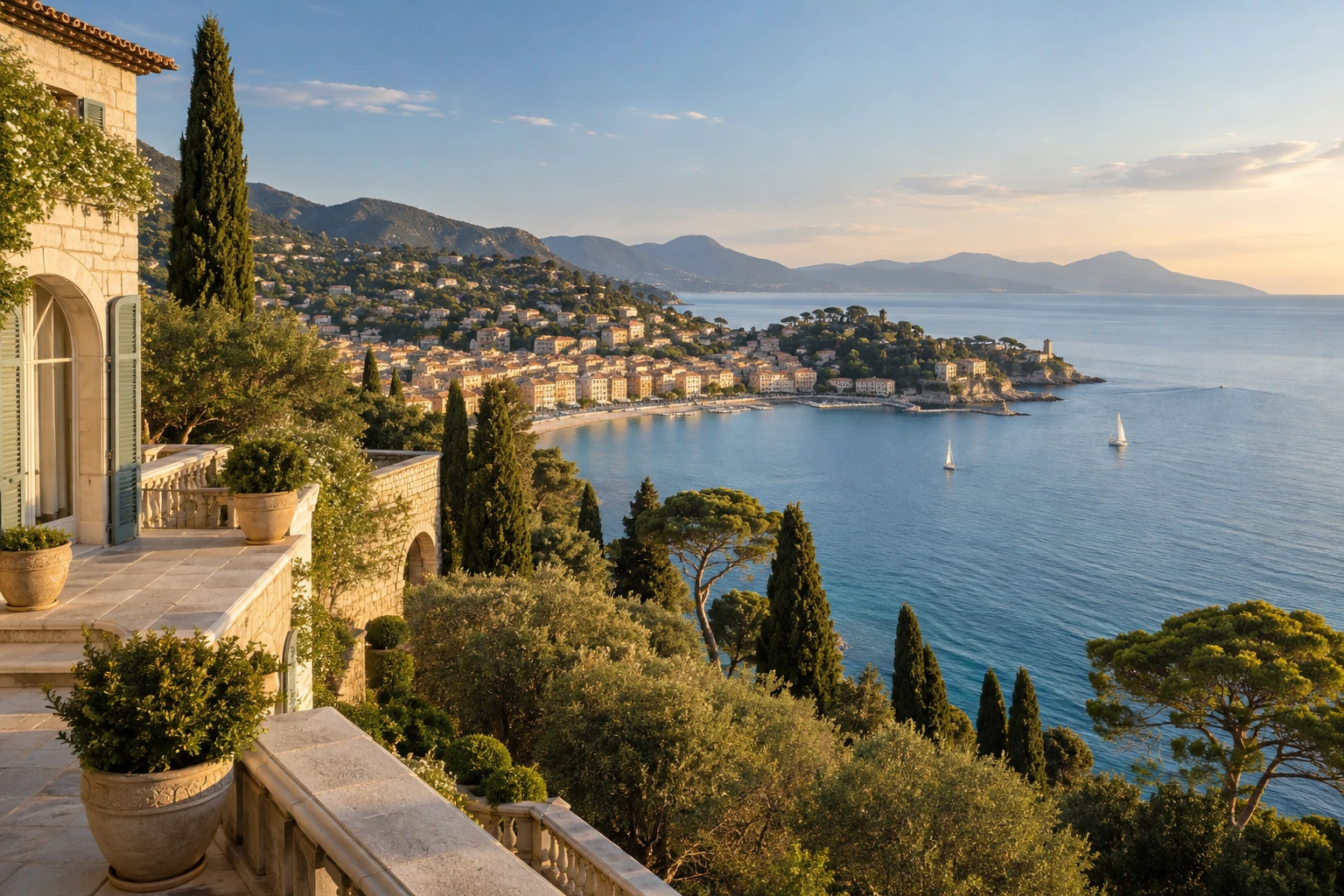 Une terrasse méditerranéenne ouverte sur la baie et les collines de la Riviera.